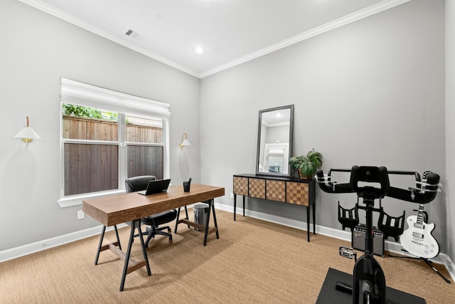 office with ornamental molding, baseboards, and recessed lighting