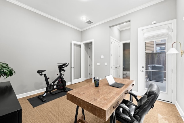 office featuring crown molding, baseboards, and recessed lighting