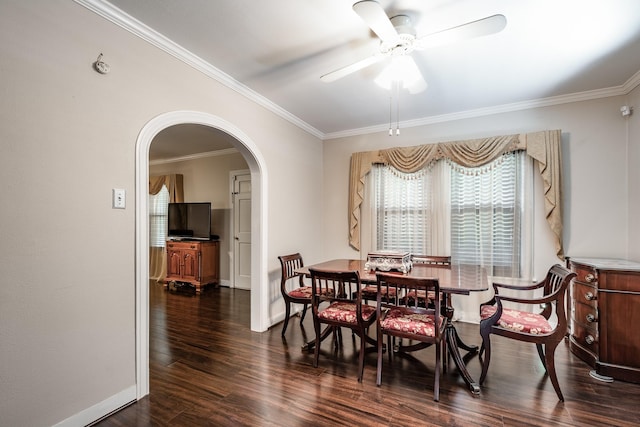 111 S Roosevelt Ave, Cleveland, TX 77327 - dining area with arched walkways, healthy amount of natural light, wood finished floors, ceiling fan, and ornamental molding