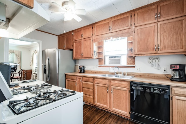 111 S Roosevelt Ave, Cleveland, TX 77327 - kitchen with dishwasher, white gas range oven, a sink, stainless steel fridge with ice dispenser, and ornamental molding