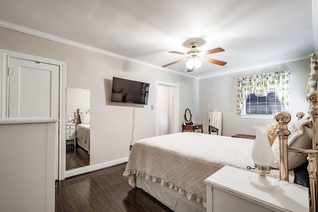 111 S Roosevelt Ave, Cleveland, TX 77327 - bedroom with ornamental molding, dark wood-style flooring, ceiling fan, and baseboards