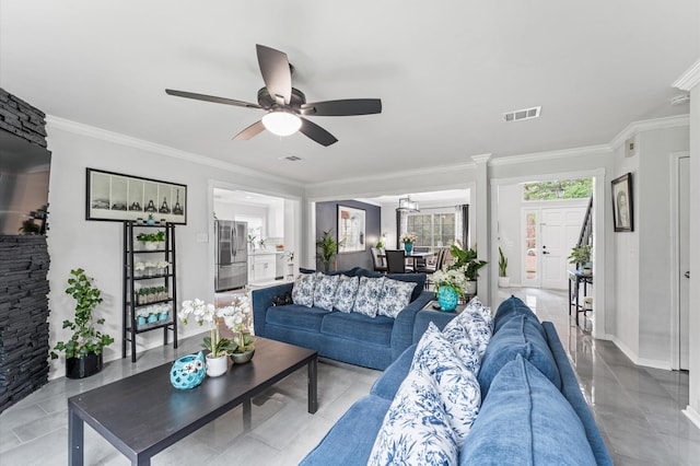 16603 April Hill St, Houston, TX 77095 - living area featuring ceiling fan, ornamental molding, and baseboards