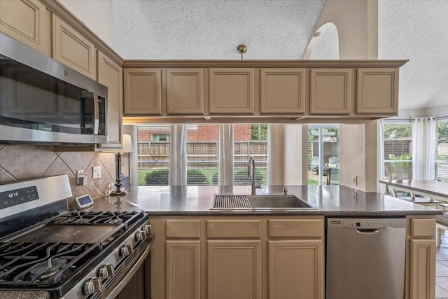 9302 Kirkchapel Ct, Spring, TX 77379 - kitchen with stainless steel appliances, a sink, decorative backsplash, a peninsula, and dark countertops