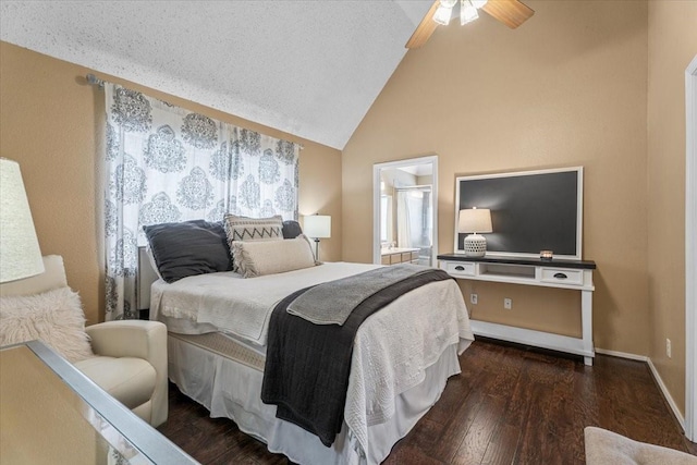 9302 Kirkchapel Ct, Spring, TX 77379 - bedroom with hardwood / wood-style flooring, baseboards, high vaulted ceiling, ceiling fan, and connected bathroom