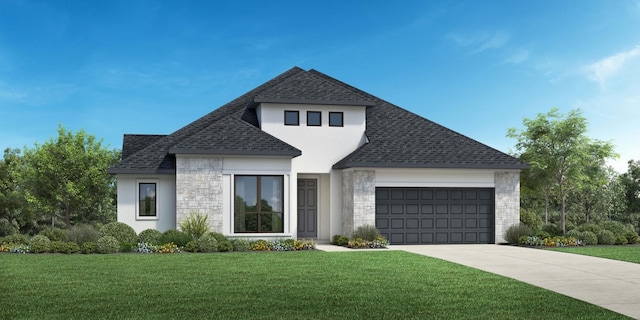 view of front of house with stone siding, roof with shingles, an attached garage, and a front lawn