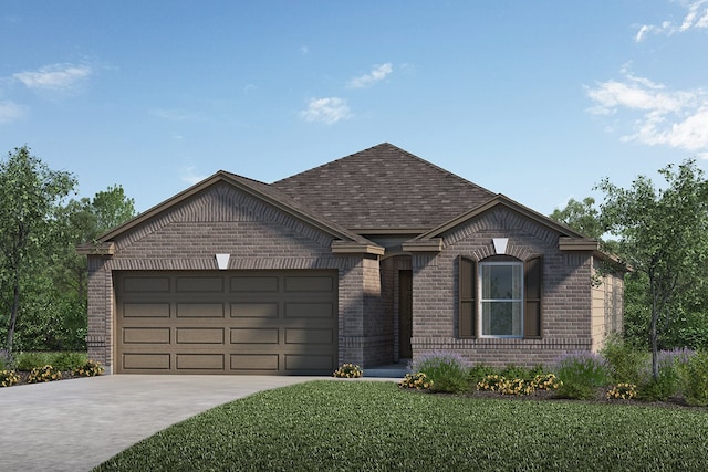 view of front of property featuring brick siding, concrete driveway, a shingled roof, a garage, and a front lawn