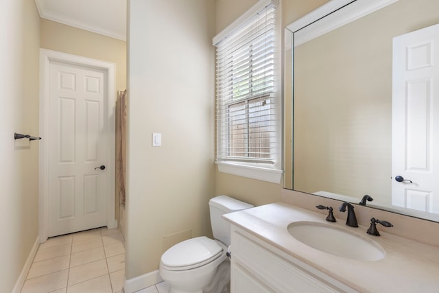 full bath with baseboards, toilet, tile patterned flooring, vanity, and ornamental molding