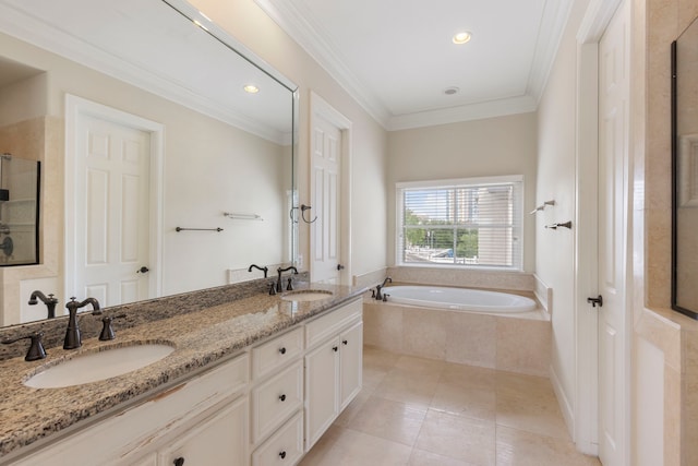 bathroom with a garden tub, tile patterned floors, crown molding, double vanity, and a shower