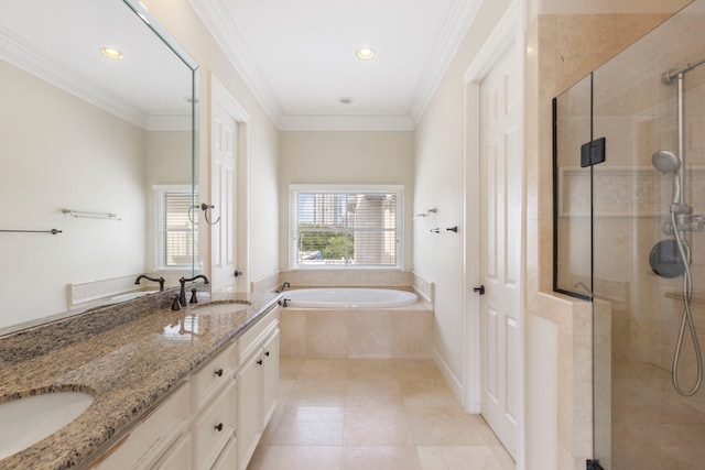 full bathroom with a shower stall, a garden tub, double vanity, tile patterned floors, and crown molding