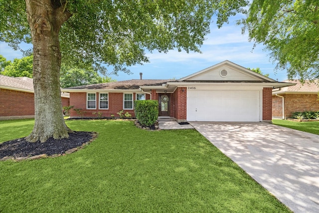 single story home with an attached garage, brick siding, and driveway