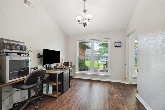office featuring lofted ceiling, dark wood-style floors, baseboards, and a chandelier