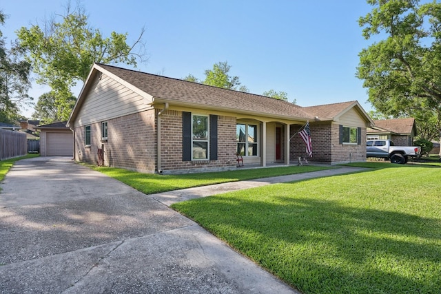 1410 Saxony Ln, Nassau Bay, TX 77058 - ranch-style house featuring brick siding, a front lawn, driveway, and a garage