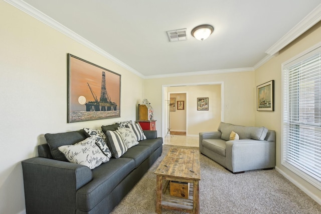 1410 Saxony Ln, Nassau Bay, TX 77058 - carpeted living area featuring crown molding, healthy amount of natural light, and baseboards