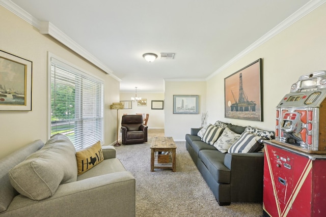 1410 Saxony Ln, Nassau Bay, TX 77058 - carpeted living room featuring crown molding and a chandelier