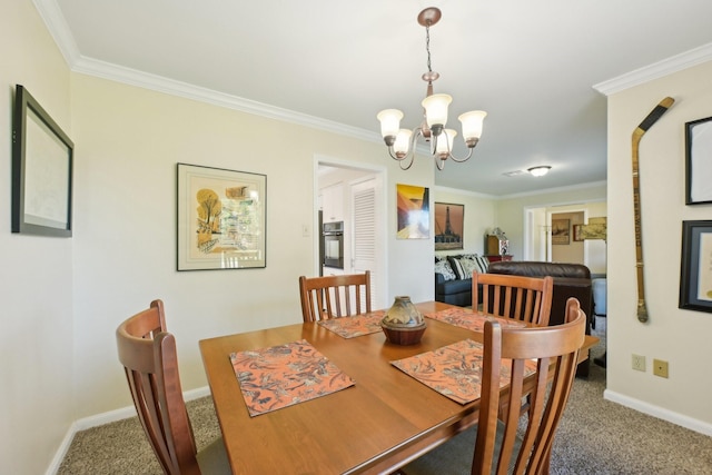 1410 Saxony Ln, Nassau Bay, TX 77058 - carpeted dining space featuring a chandelier, ornamental molding, and baseboards