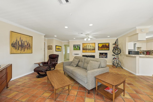 1410 Saxony Ln, Nassau Bay, TX 77058 - tiled living area with recessed lighting, ornamental molding, a ceiling fan, and baseboards