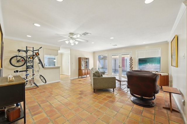1410 Saxony Ln, Nassau Bay, TX 77058 - living area with crown molding, a ceiling fan, recessed lighting, baseboards, and french doors