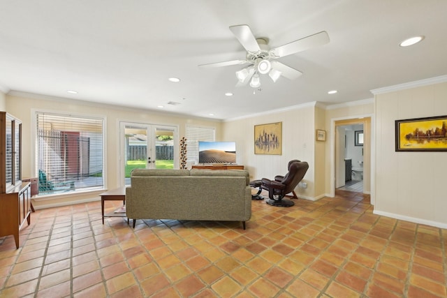1410 Saxony Ln, Nassau Bay, TX 77058 - living room featuring crown molding, a ceiling fan, recessed lighting, baseboards, and light tile patterned flooring
