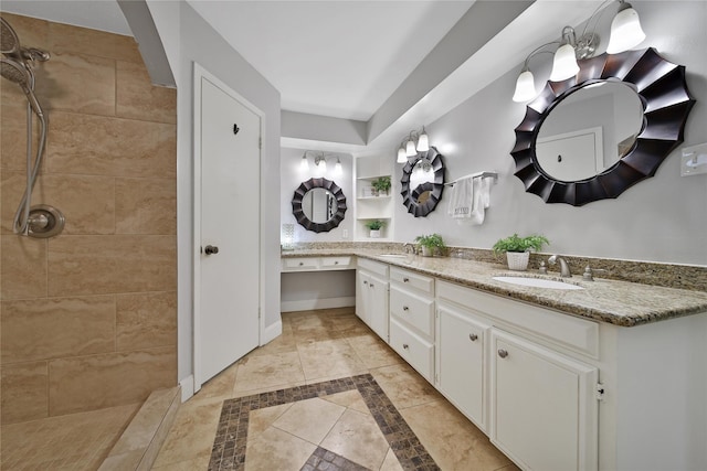 12443 Honeywood Trl, Houston, TX 77077 - full bath featuring tiled shower, tile patterned floors, double vanity, and inlaid floor details