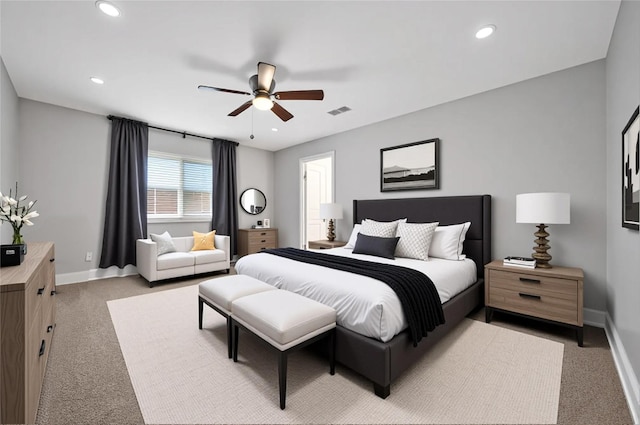 12443 Honeywood Trl, Houston, TX 77077 - bedroom with light colored carpet, baseboards, recessed lighting, and a ceiling fan
