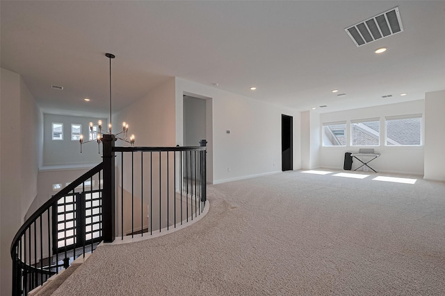 29851 Aaron River Trl, Fulshear, TX 77441 - corridor with an upstairs landing, carpet floors, a chandelier, recessed lighting, and baseboards