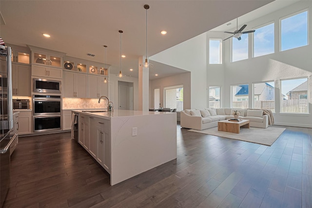 29851 Aaron River Trl, Fulshear, TX 77441 - kitchen with appliances with stainless steel finishes, open floor plan, glass insert cabinets, a ceiling fan, and an island with sink
