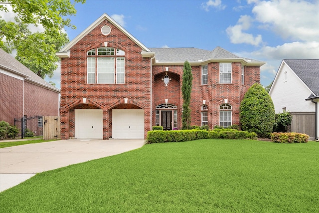 traditional-style house featuring brick siding, an attached garage, and concrete driveway