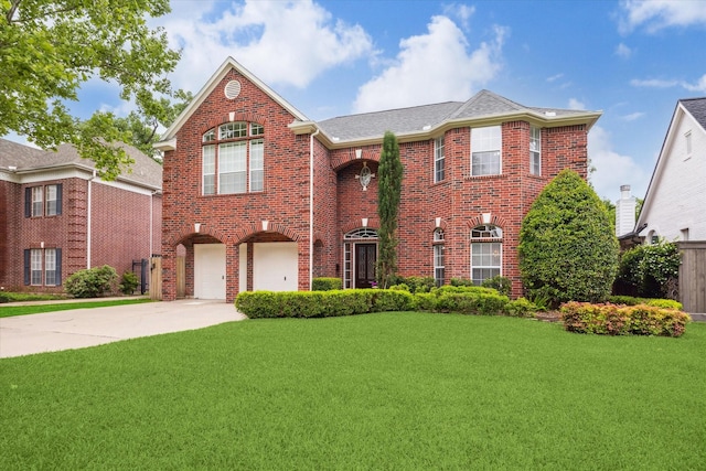 traditional-style home with driveway, brick siding, an attached garage, and a front yard