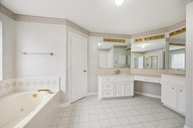 full bathroom featuring wallpapered walls, a stall shower, vanity, tile patterned flooring, and a tub with jets