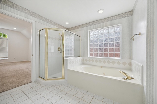 full bath with a shower stall, a bath, tile patterned flooring, and recessed lighting