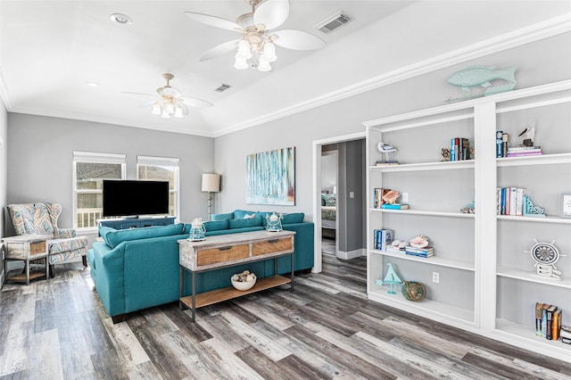 2296 Martinique, Crystal Beach, TX 77650 - living room with a ceiling fan, wood finished floors, and crown molding
