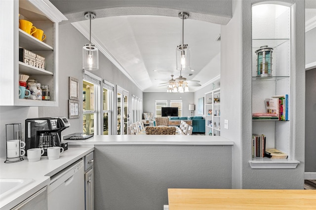 2296 Martinique, Crystal Beach, TX 77650 - kitchen featuring dishwasher, crown molding, a ceiling fan, hanging light fixtures, and an office area