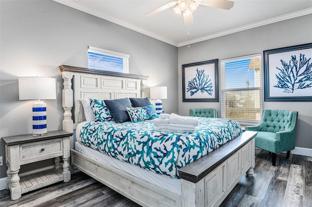 2296 Martinique, Crystal Beach, TX 77650 - bedroom featuring dark wood-style floors, ornamental molding, baseboards, multiple windows, and a ceiling fan