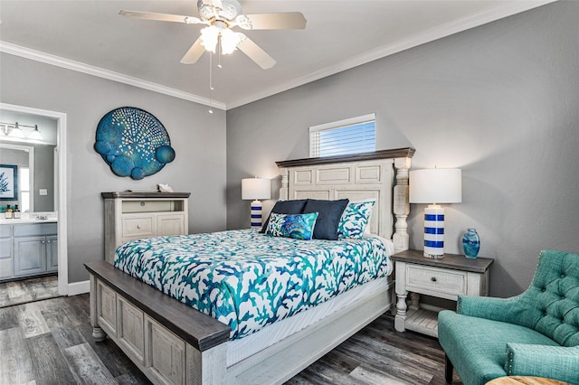 2296 Martinique, Crystal Beach, TX 77650 - bedroom featuring wood finished floors, crown molding, baseboards, ceiling fan, and ensuite bathroom