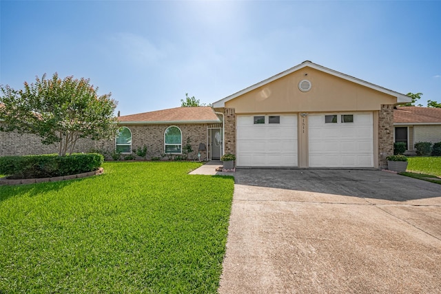ranch-style home with concrete driveway, a garage, a front lawn, brick siding, and roof with shingles