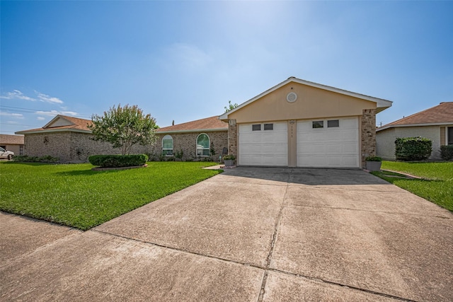 ranch-style house with a front lawn, driveway, and brick siding
