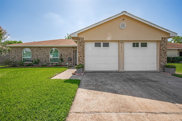 ranch-style house featuring brick siding, driveway, a front lawn, and an attached garage