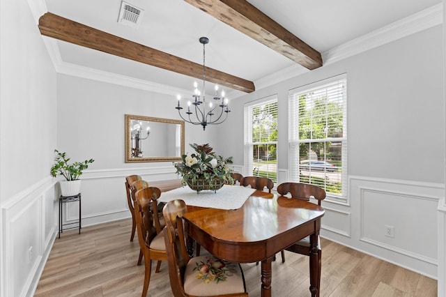 13502 Mount Airy Dr, Cypress, TX 77429 - dining area with beamed ceiling, light wood-type flooring, a chandelier, wainscoting, and a decorative wall