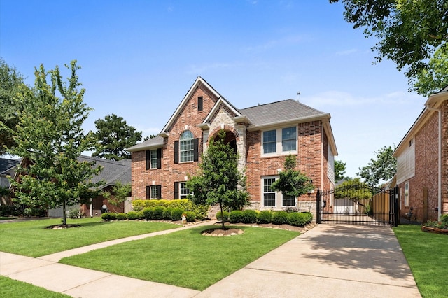 13502 Mount Airy Dr, Cypress, TX 77429 - view of front of house with brick siding, a gate, driveway, and a front lawn