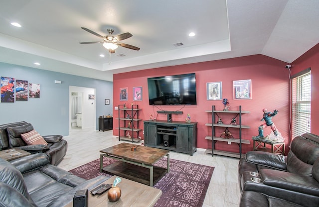 114 Dr Martin Luther King Jr Dr, La Porte, TX 77571 - living room with a ceiling fan, recessed lighting, a tray ceiling, light marble finish flooring, and vaulted ceiling