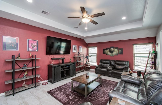 114 Dr Martin Luther King Jr Dr, La Porte, TX 77571 - living room featuring ceiling fan, recessed lighting, baseboards, and a tray ceiling