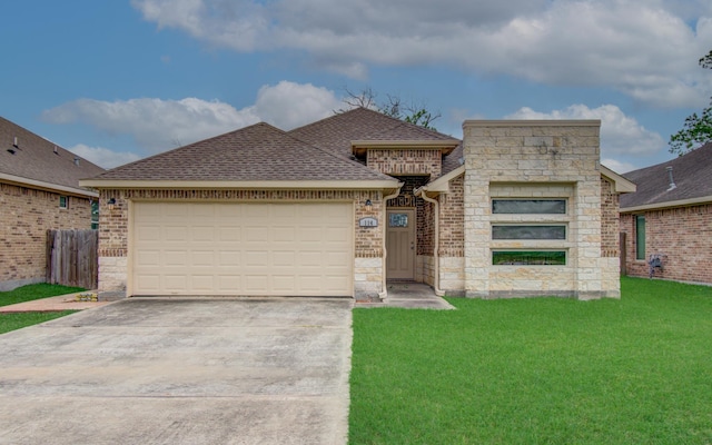 114 Dr Martin Luther King Jr Dr, La Porte, TX 77571 - view of front of house with a shingled roof, concrete driveway, stone siding, an attached garage, and brick siding