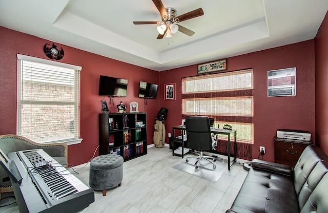 114 Dr Martin Luther King Jr Dr, La Porte, TX 77571 - home office with a ceiling fan and a tray ceiling