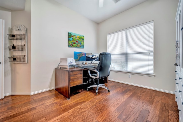 office space with wood finished floors, baseboards, and plenty of natural light