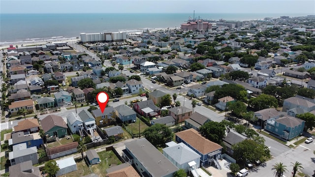 1614 Ursuline St, Galveston, TX 77550 - aerial overview of property's location featuring nearby suburban area and a large body of water