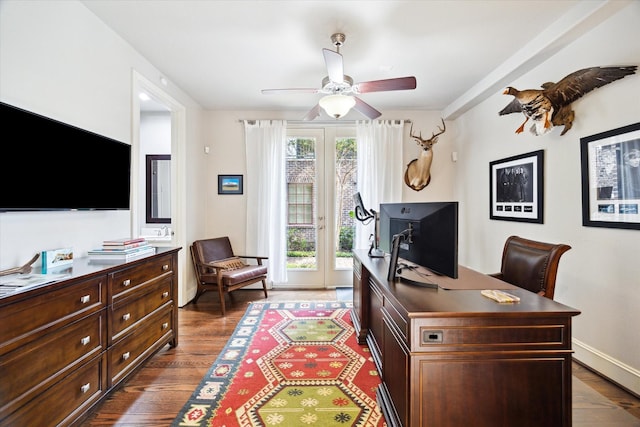 2729 Cohn St, Houston, TX 77007 - office area with a ceiling fan, dark wood-style floors, and baseboards