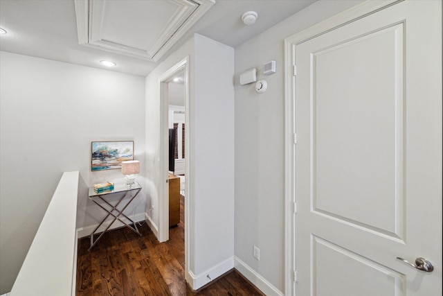 2729 Cohn St, Houston, TX 77007 - hallway featuring dark wood-style floors, recessed lighting, baseboards, and attic access