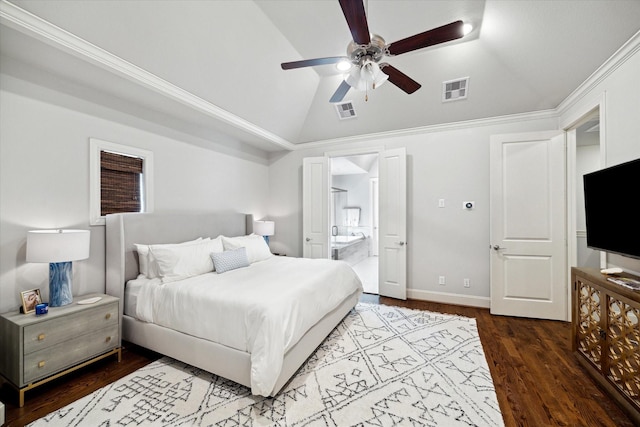 2729 Cohn St, Houston, TX 77007 - bedroom featuring high vaulted ceiling, wood finished floors, ensuite bathroom, ceiling fan, and baseboards