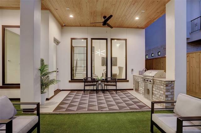 2702 Westgrove Ln, Houston, TX 77027 - view of patio featuring a grill, an outdoor kitchen, ceiling fan, fence, and outdoor lounge area