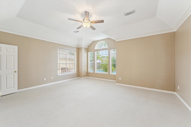 1301 Wilderness Pines Dr, Friendswood, TX 77546 - unfurnished room featuring ceiling fan, light colored carpet, vaulted ceiling, and baseboards
